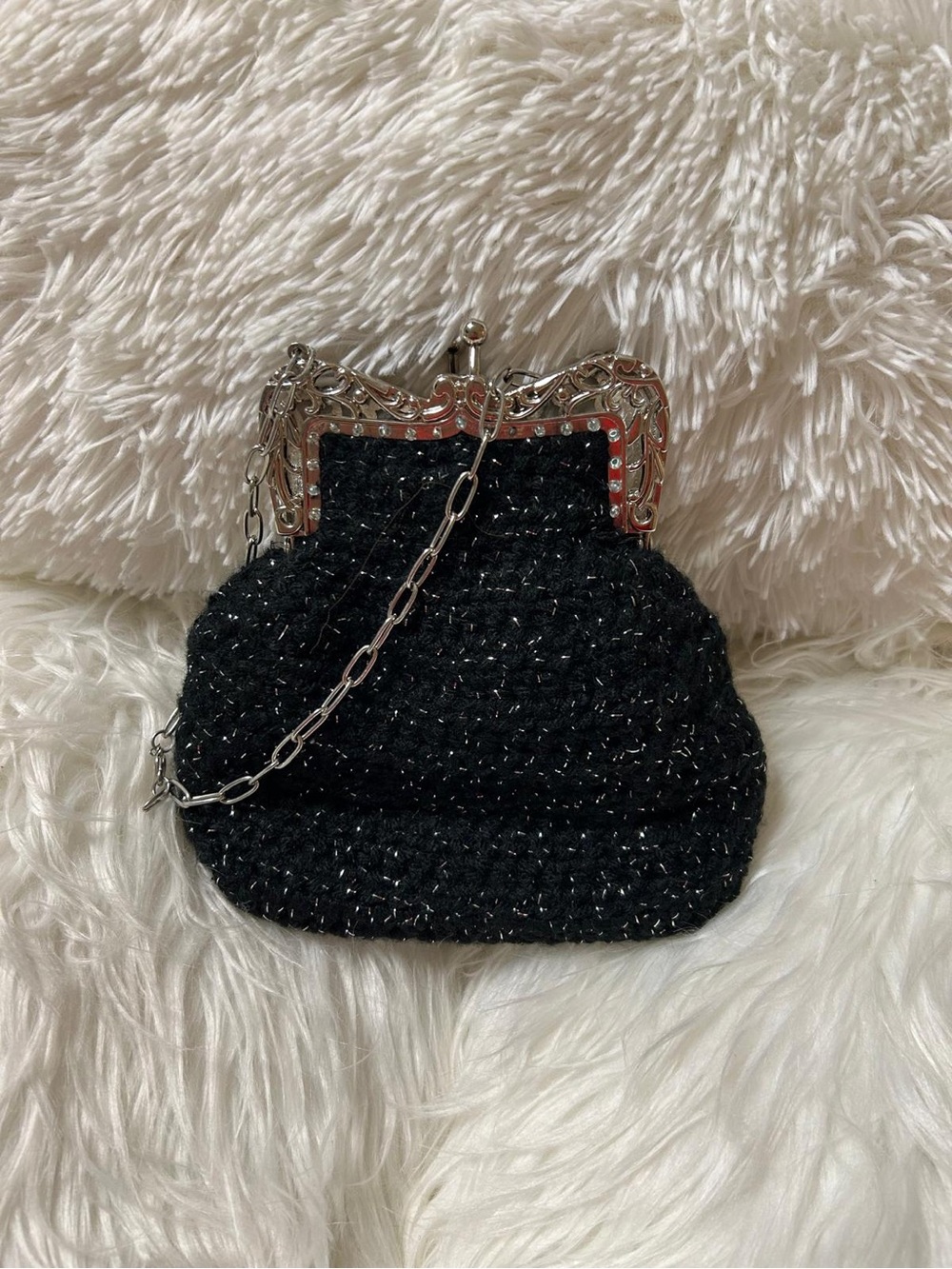 Black Beaded Evening Clutch with Silver Frame